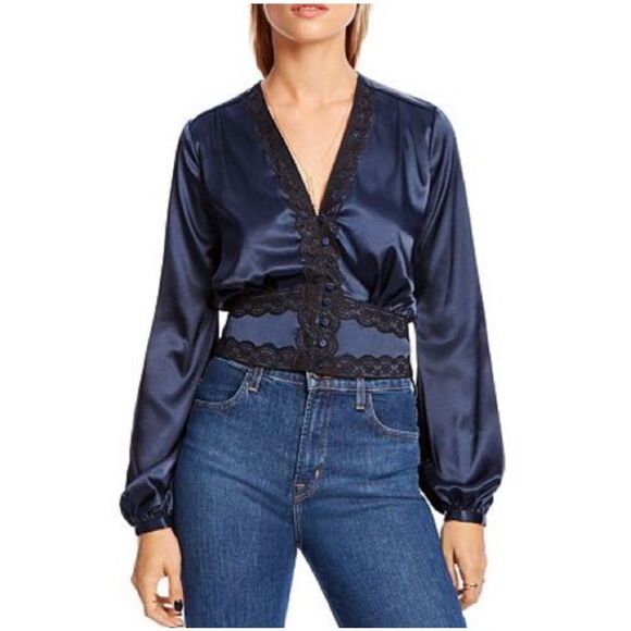LINI Small Audrey Navy Blue Silky Satin Lace Trim Crop Long Sleeve Blouse - Picture 1 of 7